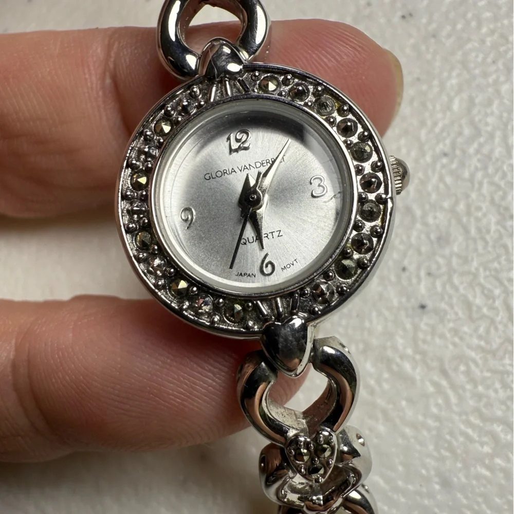 Y2K Shiny Silver Link Watch Versatile Dressy / Casual Marcasite Crystals 6 3/4”